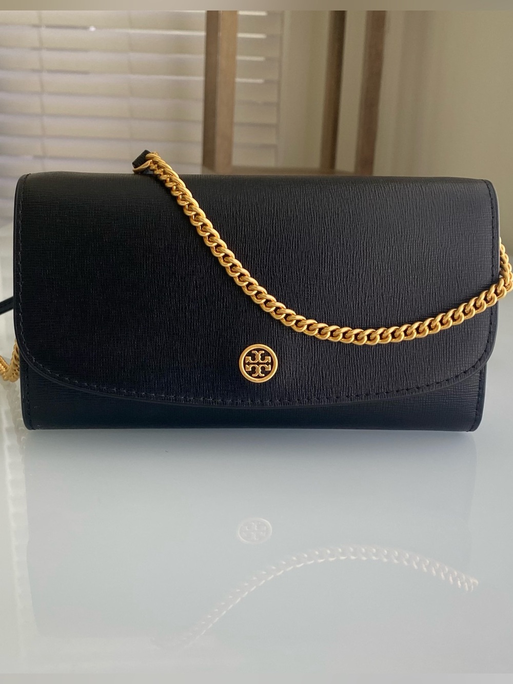 Tory Burch Black Leather Crossbody with Gold Chain